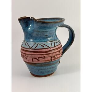 Vintage A & A Pottery Pitcher Colorado Studio Art Pottery, Blue/Pink Glaze